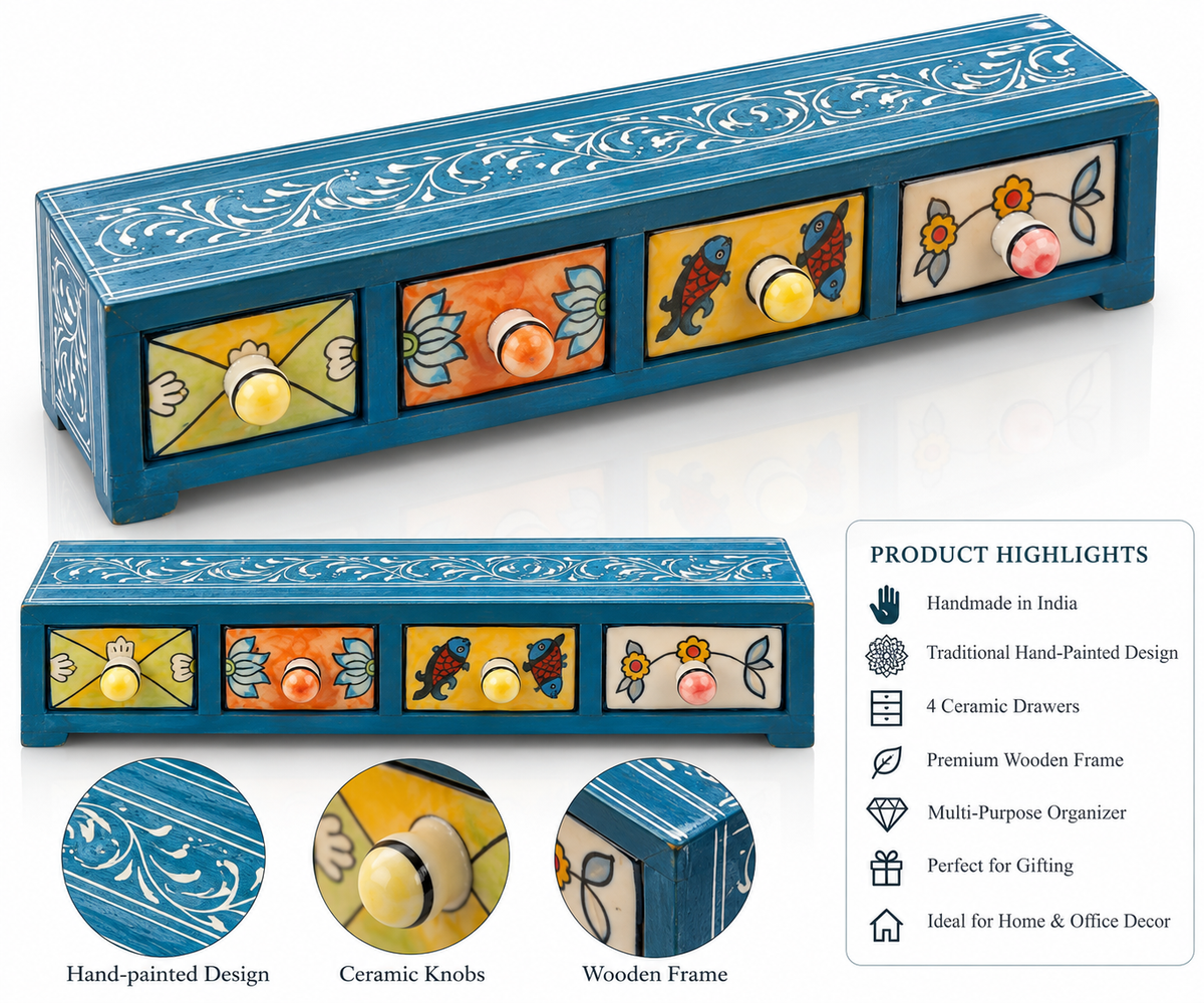 Hand-painted teal ceramic storage chest with four drawers, decorative home decor by GREEN LIFE WORLD for organization and style.