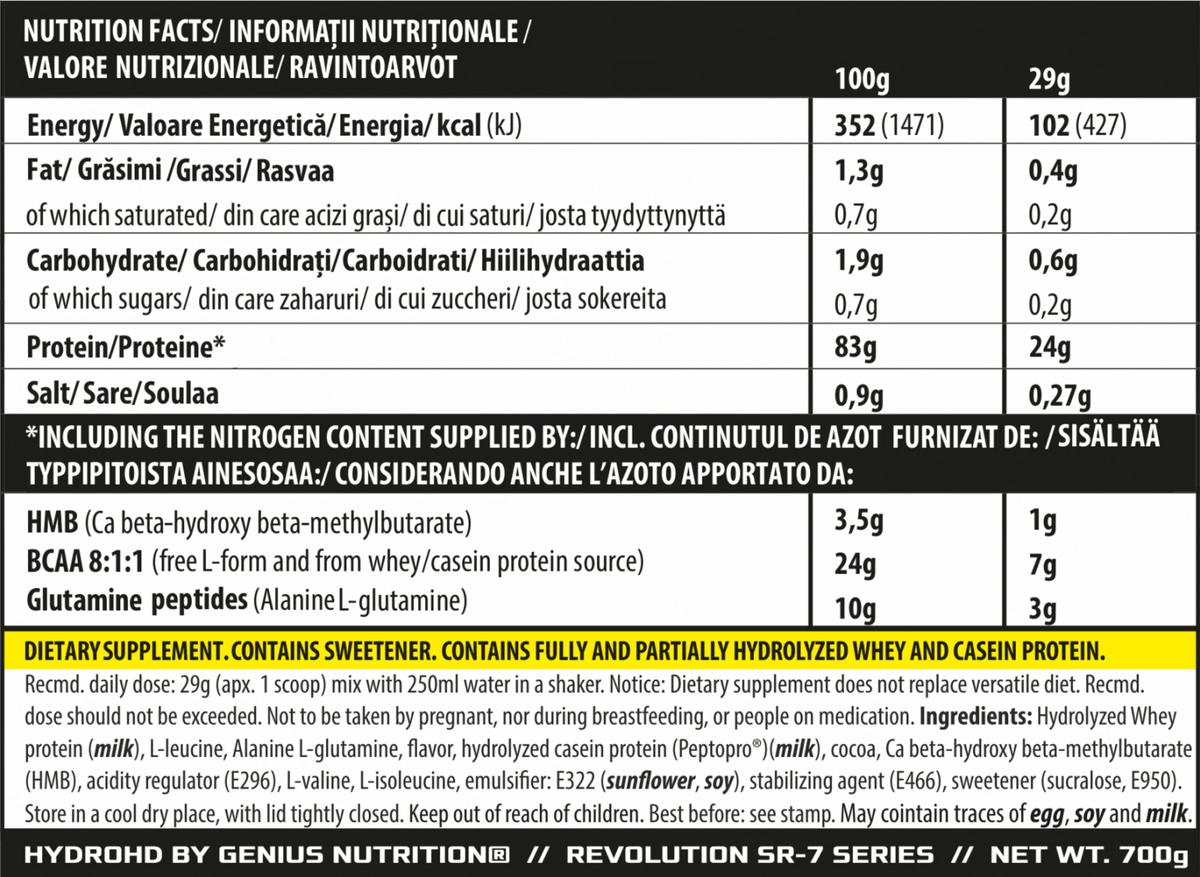 Hydro-HD protein powder by Genius Nutrition in a 700g container, showcasing the product packaging and label.