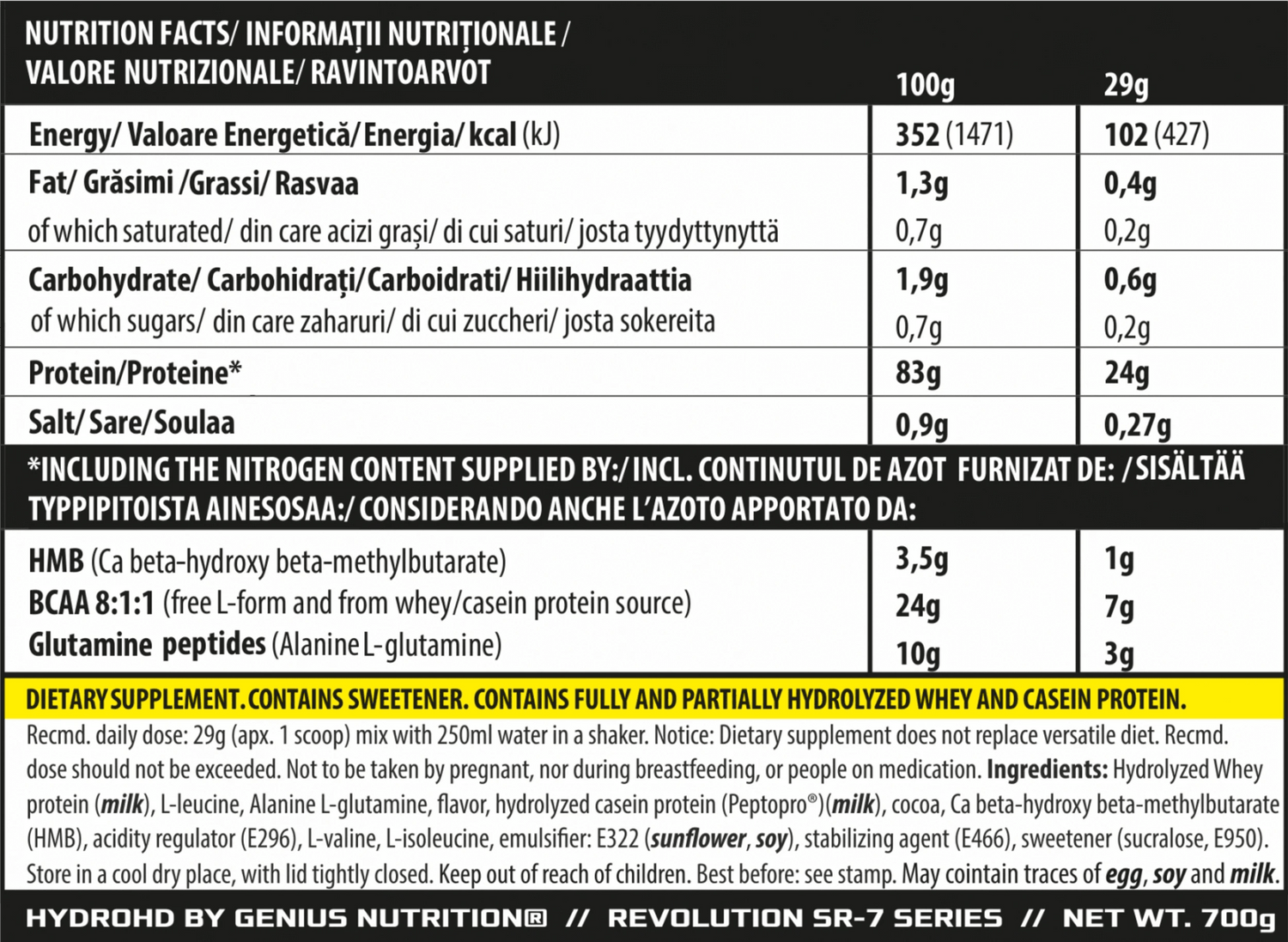 Hydro-HD protein powder by Genius Nutrition in a 700g container, showcasing the product packaging and label.
