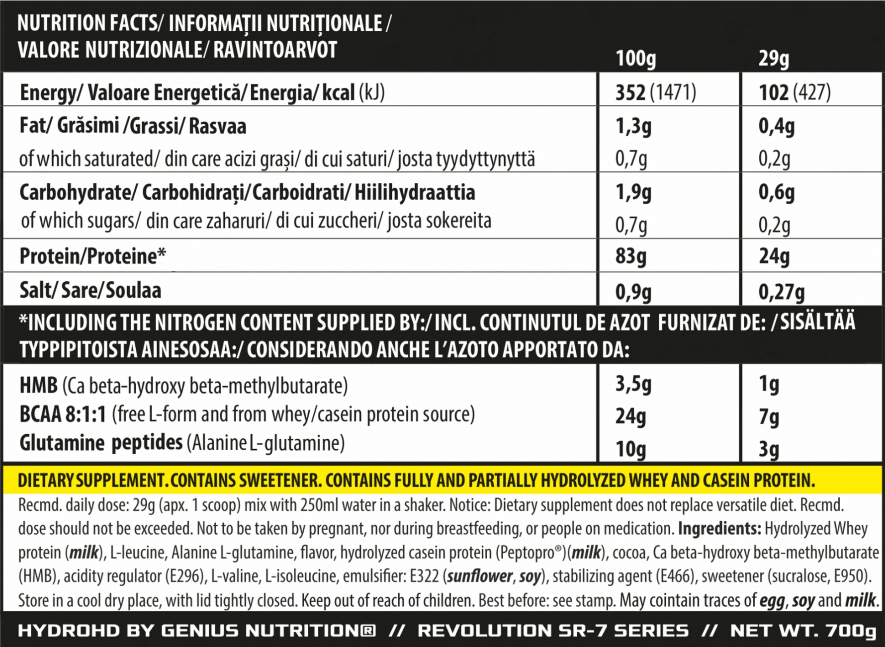 Hydro-HD protein powder by Genius Nutrition in a 700g container, showcasing the product packaging and label.