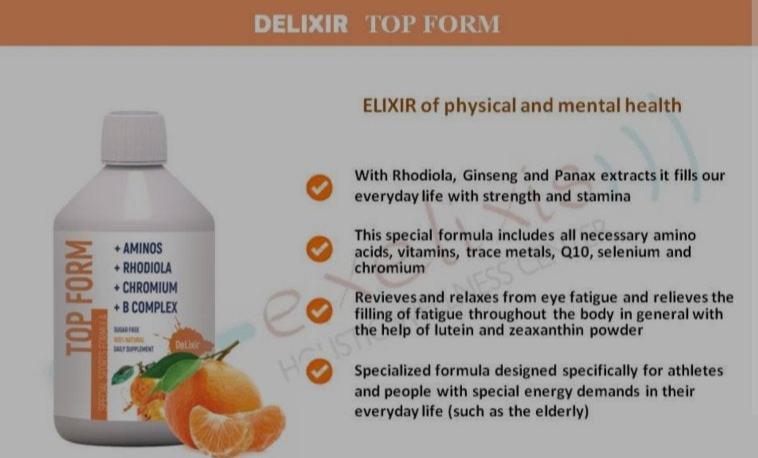 DeLixir Top Form supplement bottle from DETA ELIS with label visible, featuring a sleek design and product details.