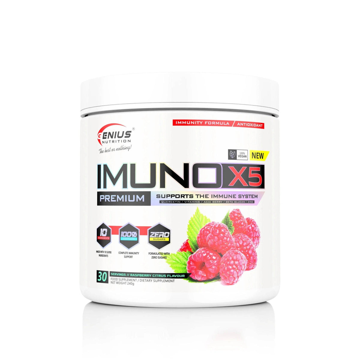 Genius Nutrition IMUNO-X5 supplement powder jar, 240g container with label, immune support formula in a resealable package.
