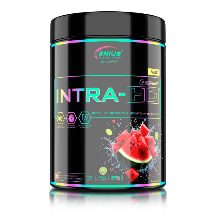 Genius Nutrition INTRA-HD melon flavored supplement in a 750g jar, designed for hydration and recovery during workouts.