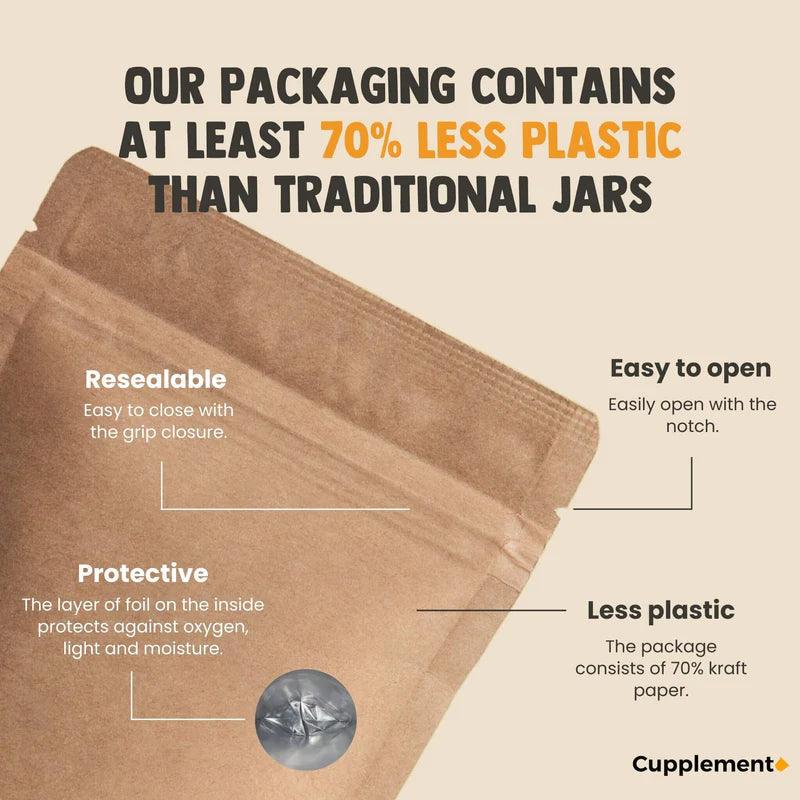 Infographic showing CUPLEMENT Sea Moss Organic Capsules, a superfood supplement with 60 capsules of 500 mg each, highlighting eco-friendly packaging.