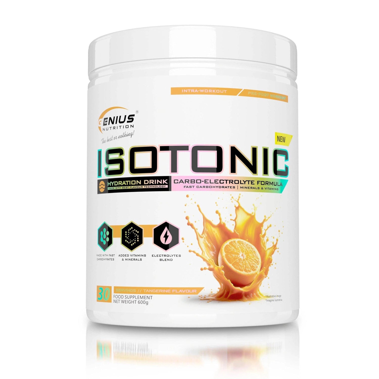 Genius Nutrition Isotonic supplement in tangerine flavor, 600g container, designed for hydration and energy support.
