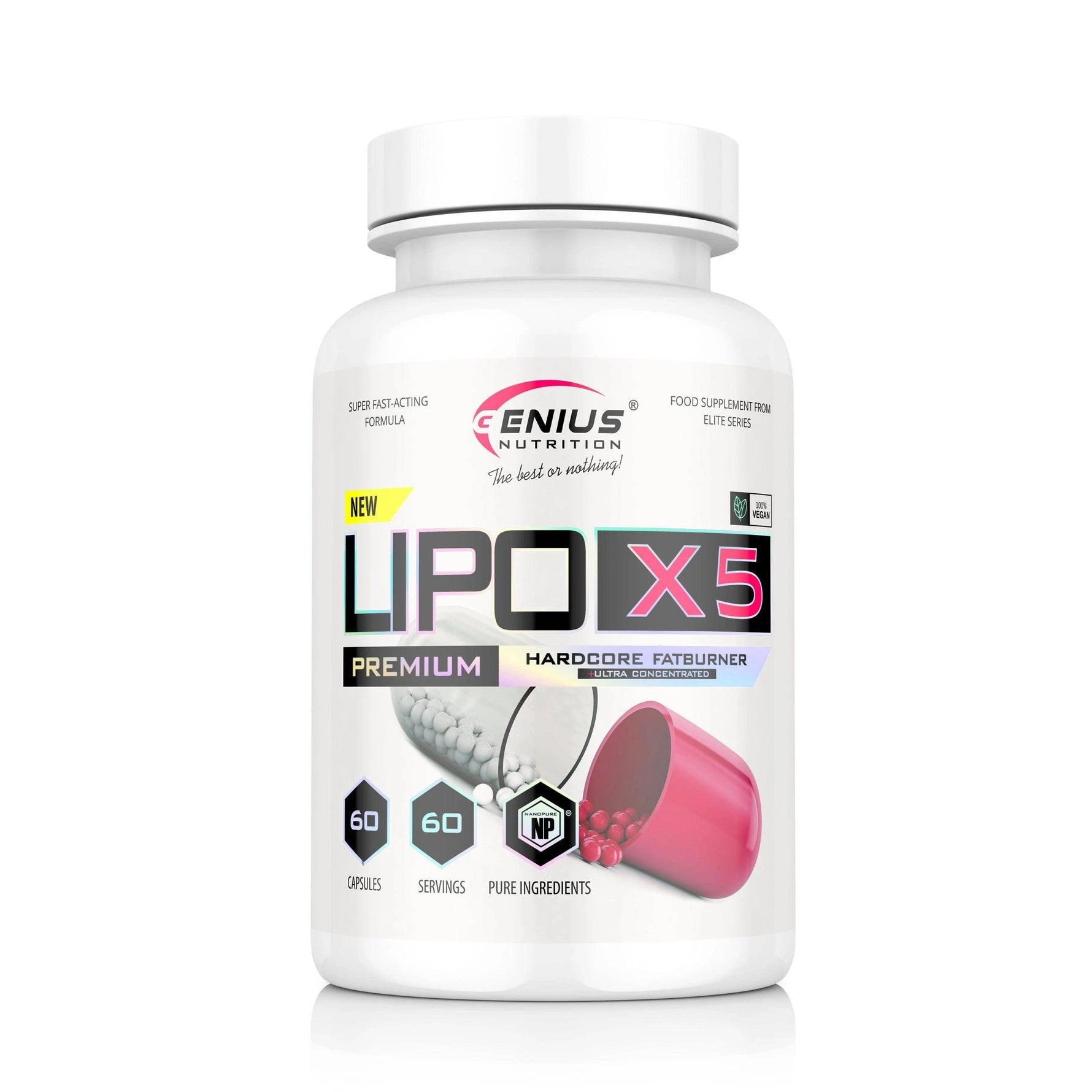 Genius Nutrition LIPO-X5 supplement bottle with 60 capsules, featuring a sleek label design and supplement branding.