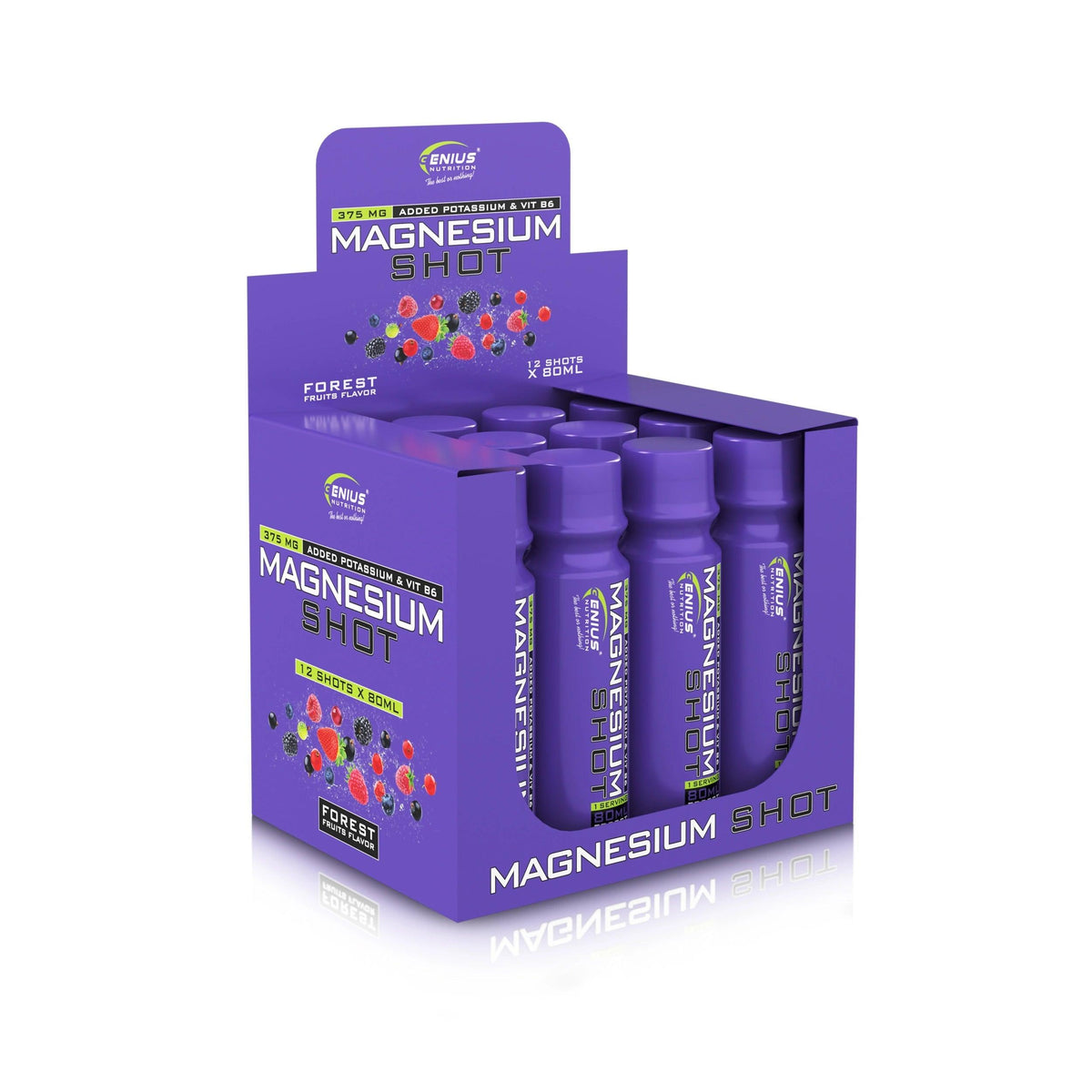 Genius Nutrition Magnesium Shot 80ML supplement in a white box on a plain background, showcasing the product packaging.