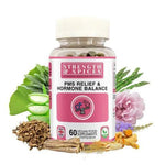 Bottle of PMS Relief & Hormone Balance supplement capsules by Strength & Spices, featuring 60 capsules in a white container.