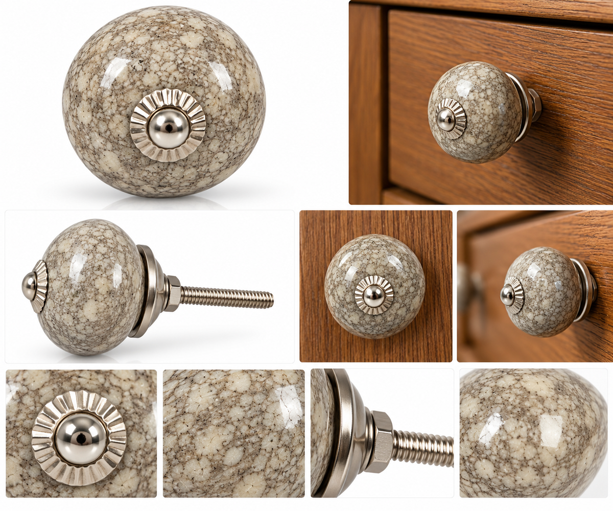 Beige marble effect ceramic round cabinet knob by homes, decorative drawer and cupboard handle with marbled stone design.