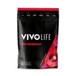 Vivo Life pre-workout supplement container with label, showcasing vibrant branding and product details on a plain background.