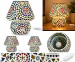 Handmade multicolor mosaic mushroom table lamp by homes, boho glass bedside accent light, 22cm decorative home decor piece.