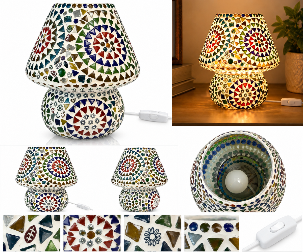 Handmade multicolor mosaic mushroom table lamp by homes, boho glass bedside accent light, 22cm decorative home decor piece.