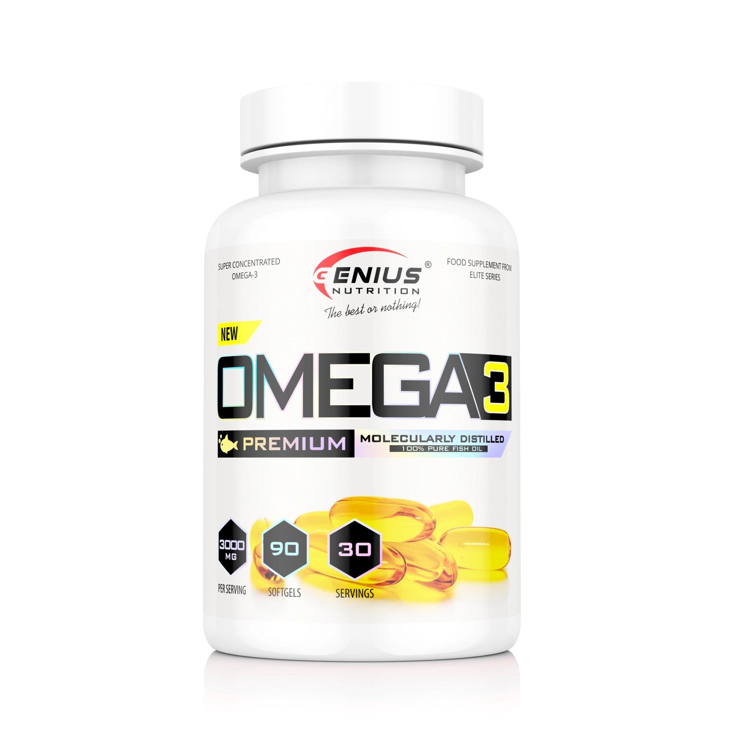 Bottle of Genius Nutrition Omega-3 90 softgels supplement with softgel capsules on a white background.