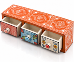 Terracotta boho wooden and ceramic 3-drawer organizer for home decor, featuring ornate design and natural finish by GREEN LIFE WORLD.