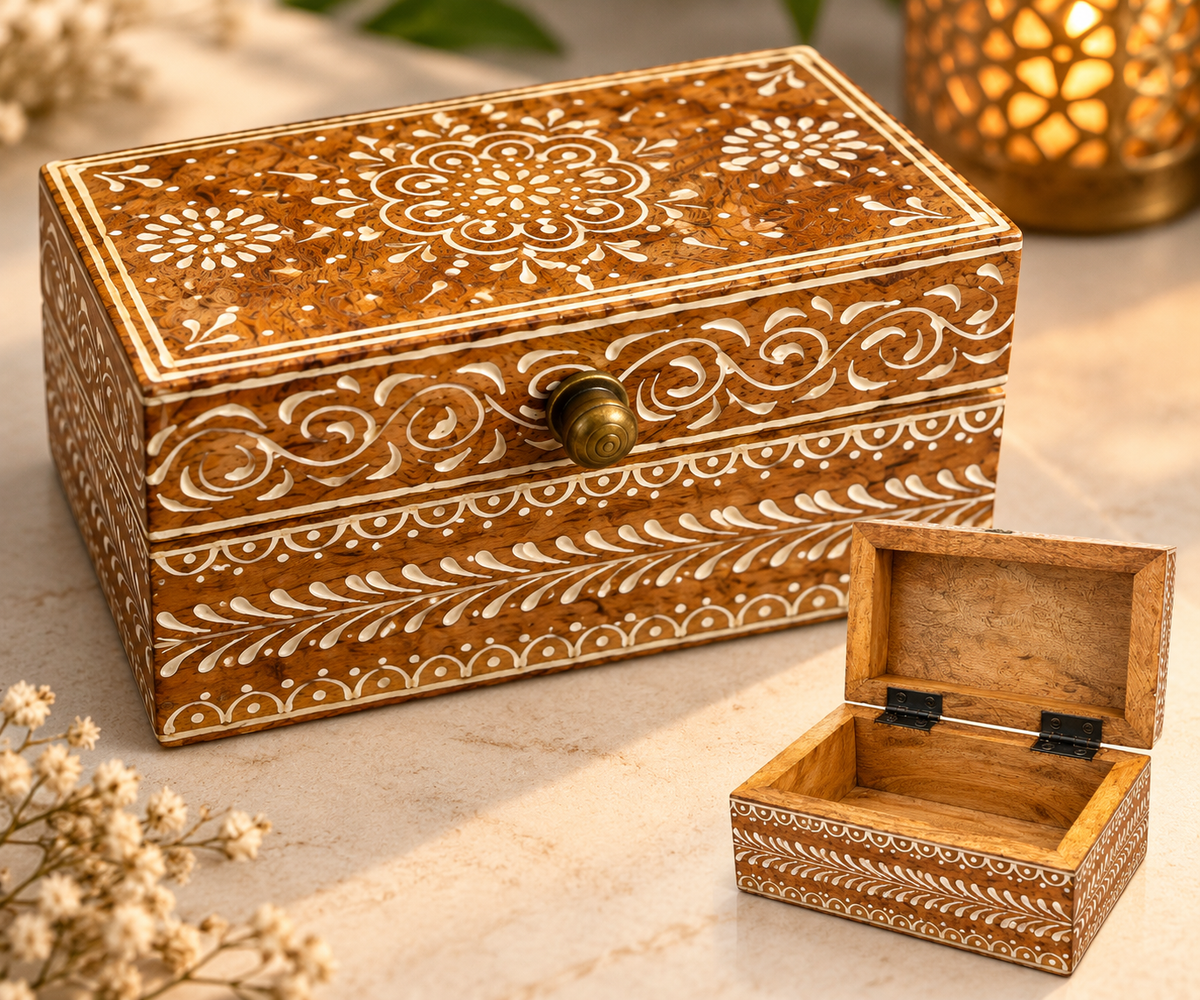 Decorative floral folk art wooden keepsake box featuring intricate painted designs, ideal for home decor from GREEN LIFE WORLD.