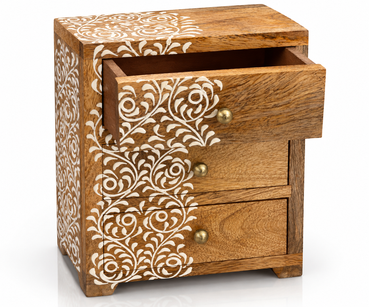 Rustic Bloom wooden storage chest with three drawers, crafted for home decor by GREEN LIFE WORLD.