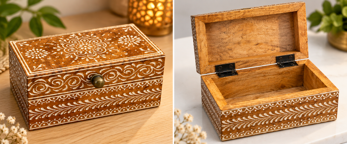 Open and closed views of a floral folk art wooden box by GREEN LIFE WORLD, decorative home decor with intricate painted designs.