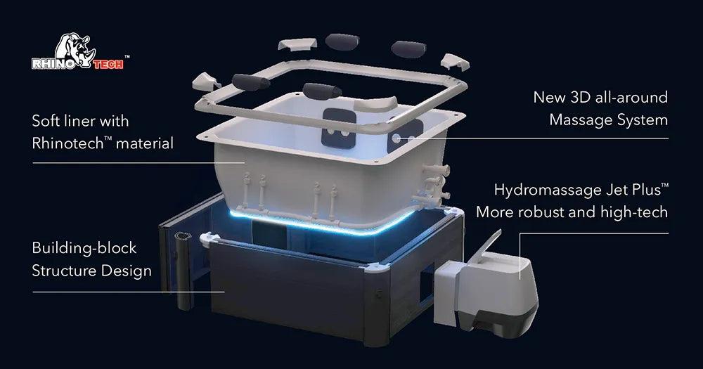 MSpa Oslo Sapphire outdoor hot tub with modular design, featuring blue acrylic interior and padded seats.