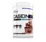 Genius Nutrition Casein-X7 chocolate protein supplement in 750g container, creamy texture and rich chocolate flavor.