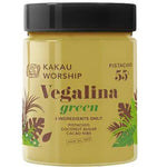 Kakau Worship Vegalina Green Pistachio spread in a jar, showcasing vibrant green pistachios and creamy texture.