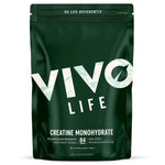 Vivo Life ultra-pure micronized creatine monohydrate supplement container with label, white powder inside, on a plain background.