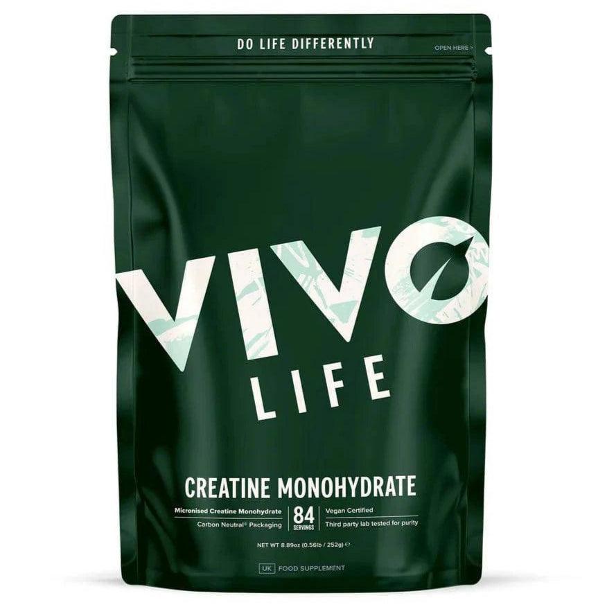 Vivo Life ultra-pure micronized creatine monohydrate supplement container with label, white powder inside, on a plain background.