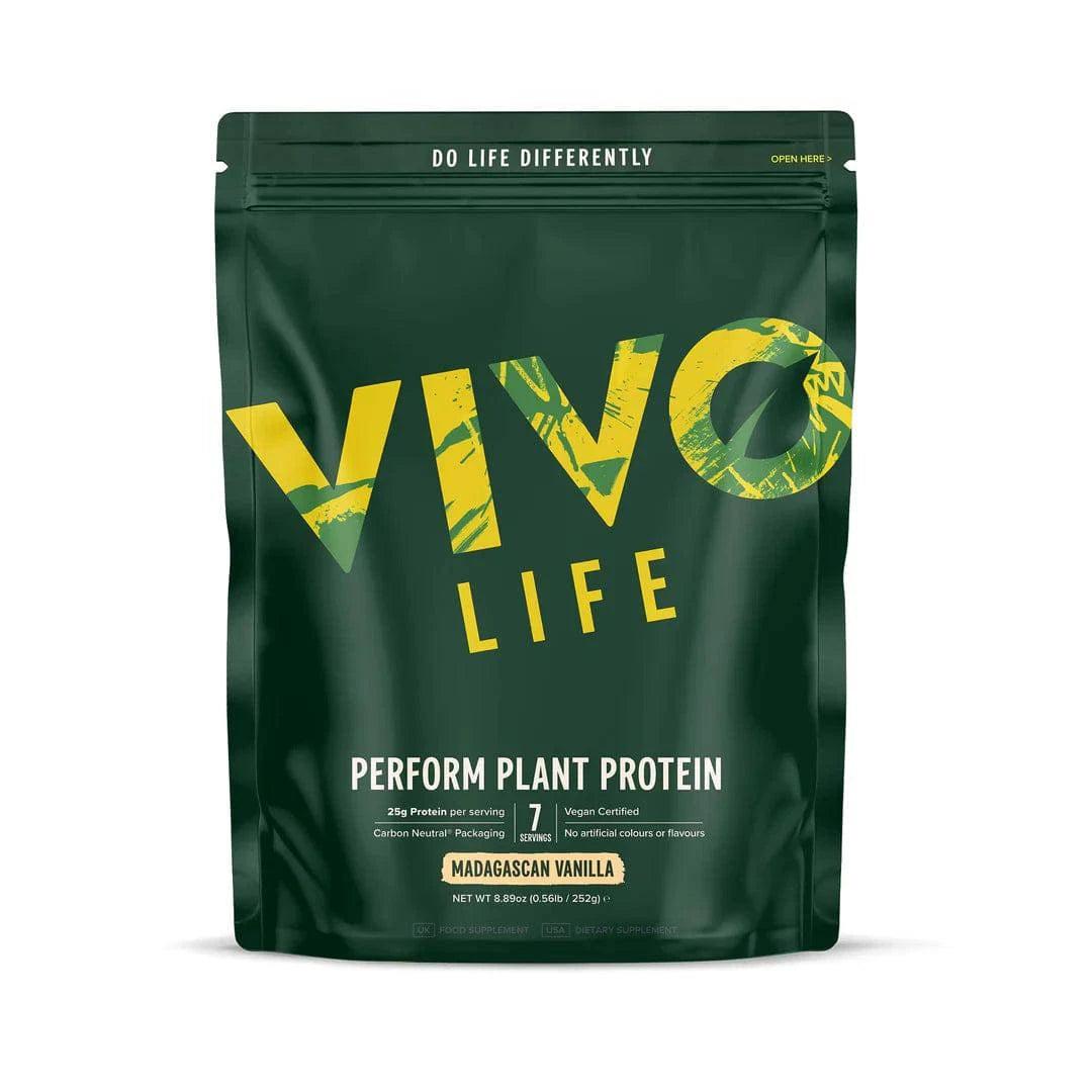 Vivo Life PERFORM Raw Plant Protein & BCAA supplement in Madagascar vanilla flavor, displayed in a small, resealable package.
