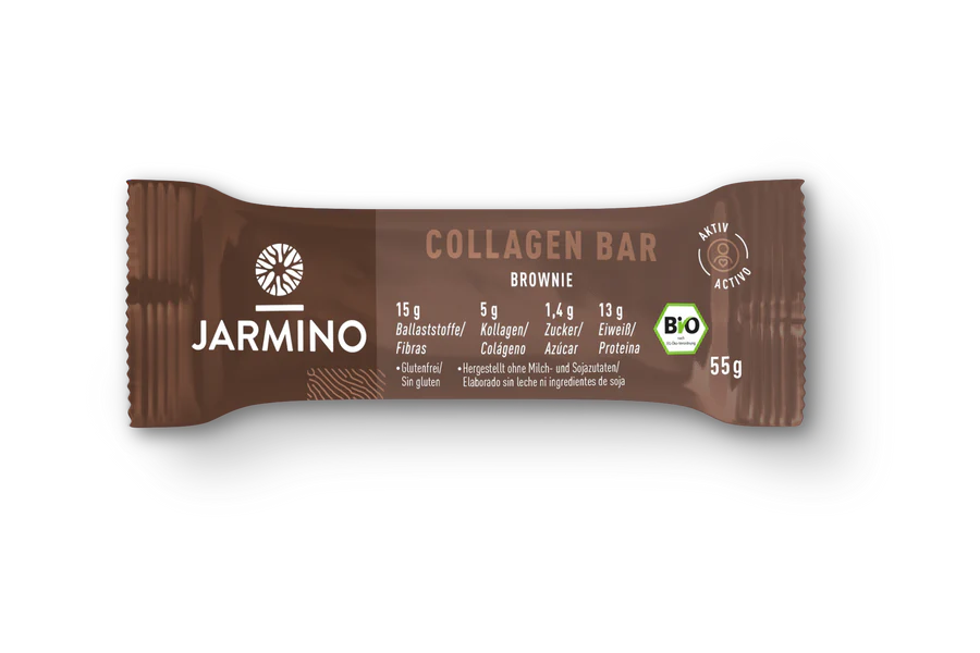 Jarmino organic collagen chocolate brownie protein bar, 55g, showing a close-up of the chocolate brownie flavor snack.