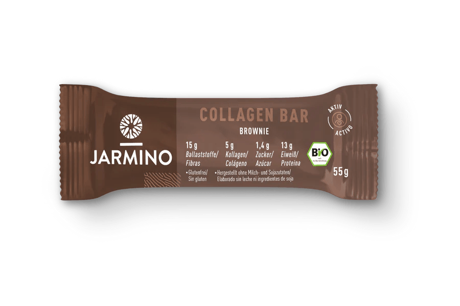 Jarmino Organic Collagen Bar in Chocolate Brownie flavor, high-protein snack, 55g, showing the bar with chocolate and brownie textures.
