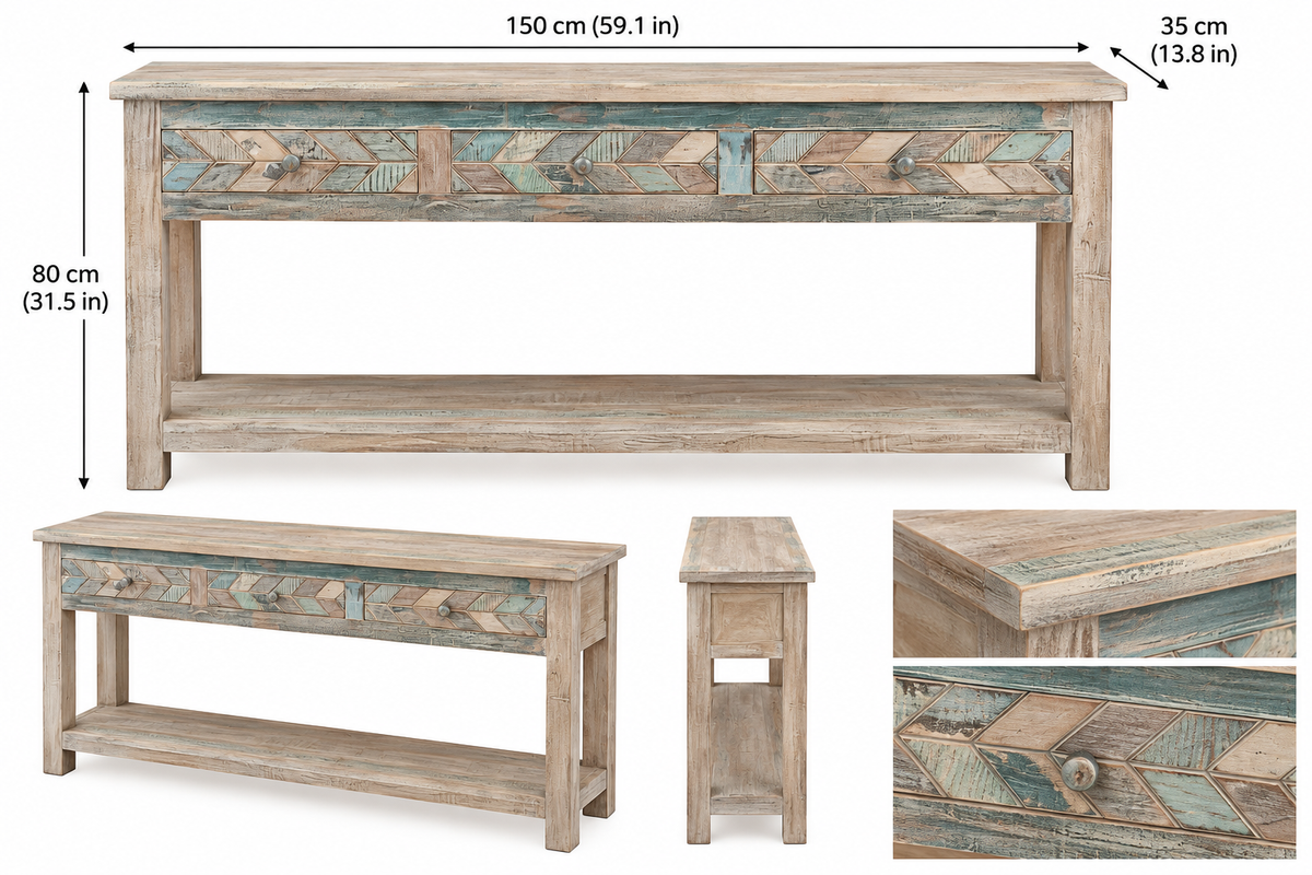 Rustic distressed wooden console table with three drawers, boho turquoise geometric design, ideal for hallway or home decor.