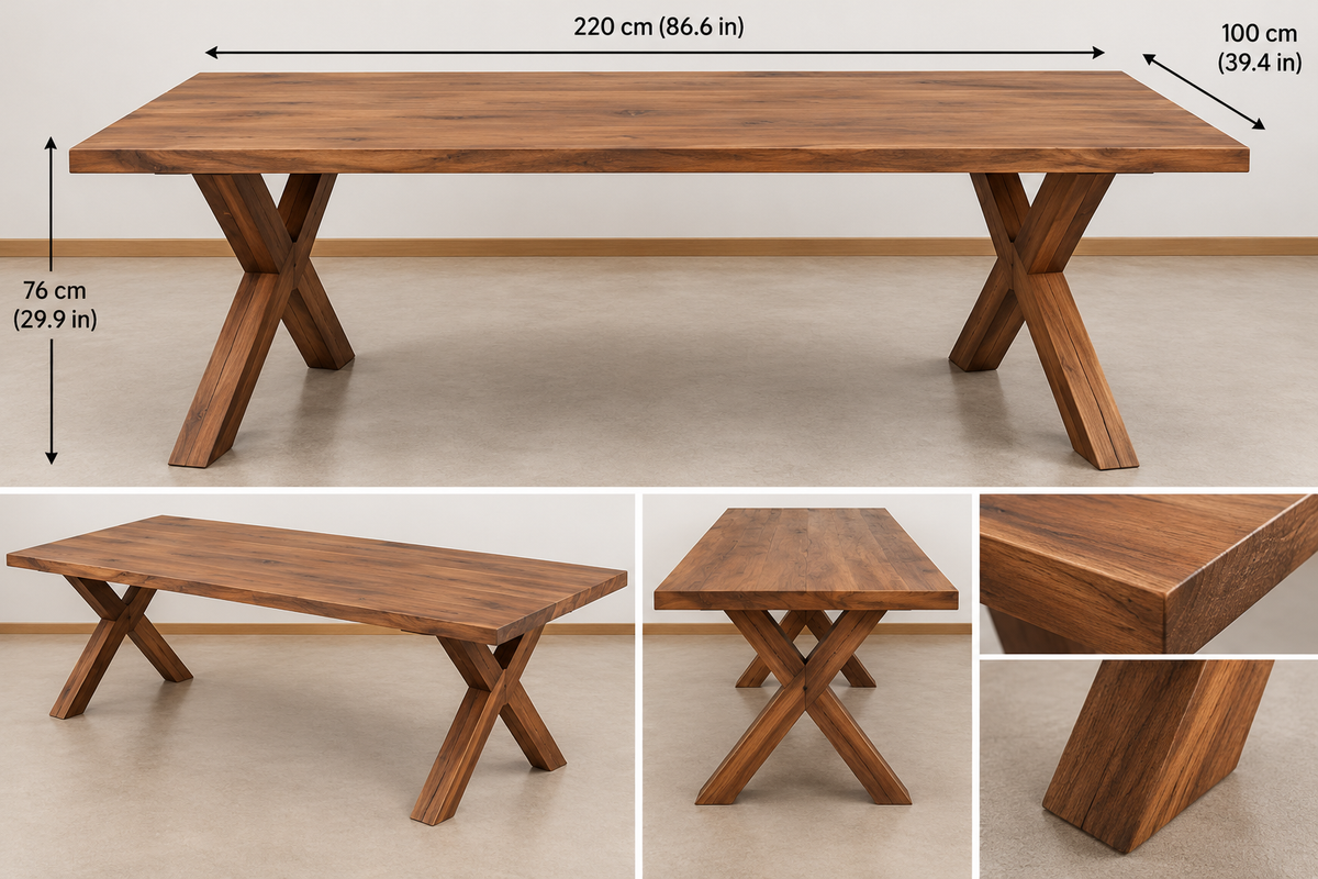 Rustic solid wood rectangular dining table with X-shaped wooden legs, 220 cm long, perfect for home dining areas.