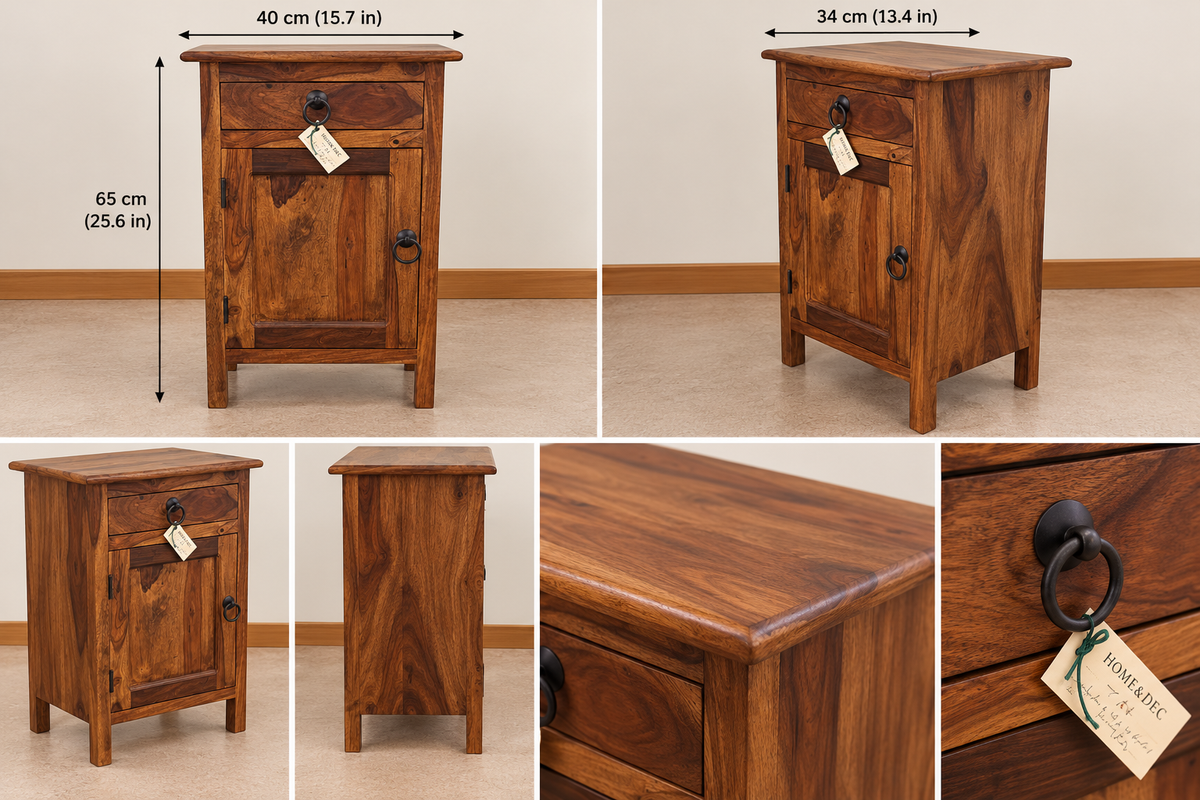 Rustic wooden bedside cabinet with drawer and door, home decor by Homes, featuring natural wood finish and functional storage.