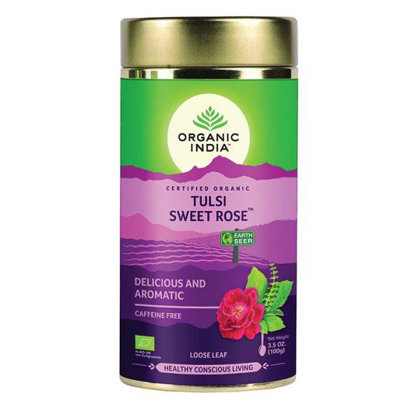 Organic India BIO Tulsi Sweet Rose loose leaf tea in a 100g tin, caffeine-free herbal tea with rose and tulsi leaves.