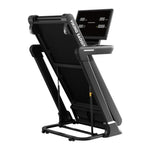 Viking Saggita folding electric treadmill with 3.5HP motor and smart training features, shown folded for compact storage.