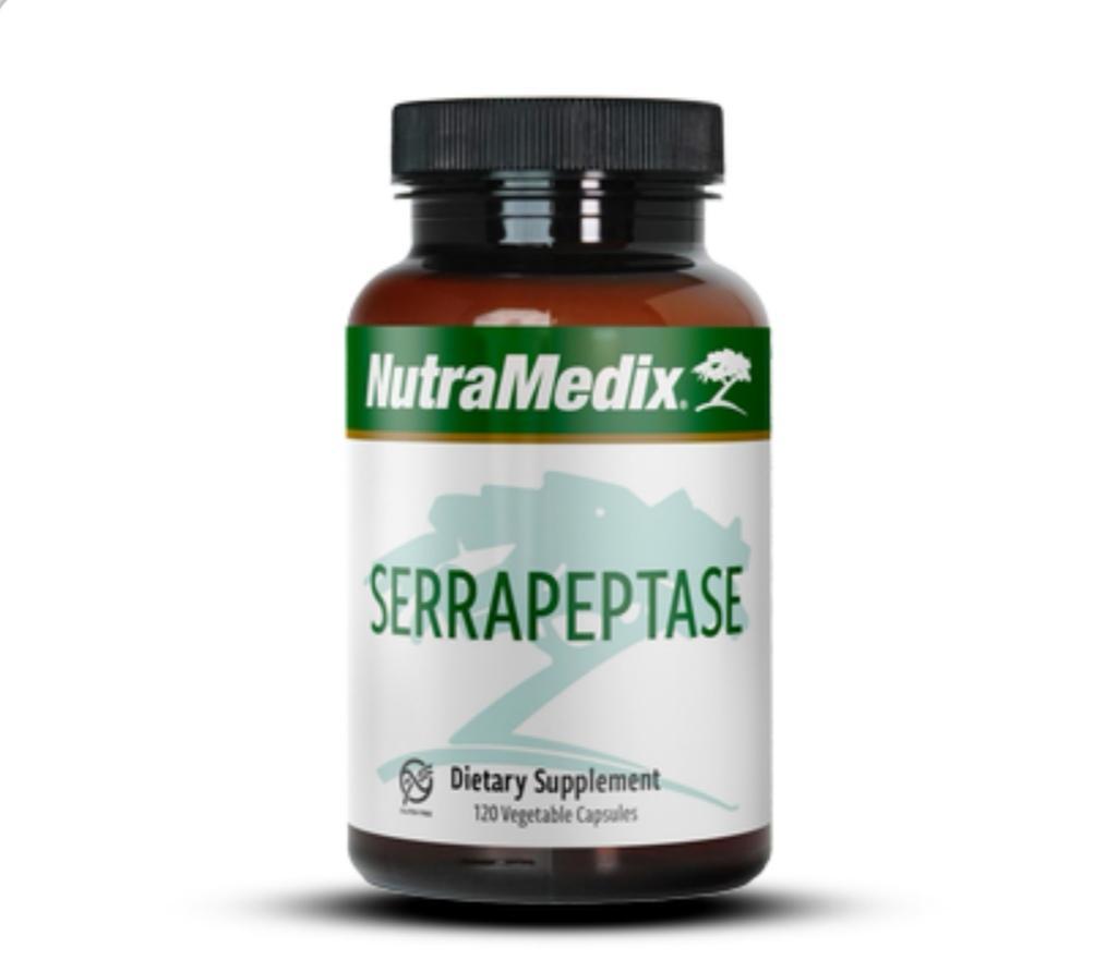 Sentosa Nutramedix Serrapeptase dietary supplement bottle with label showing supplement details and branding.