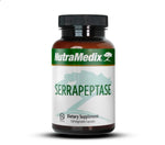 Sentosa Nutramedix Serrapeptase dietary supplement bottle with label showing supplement details and branding.