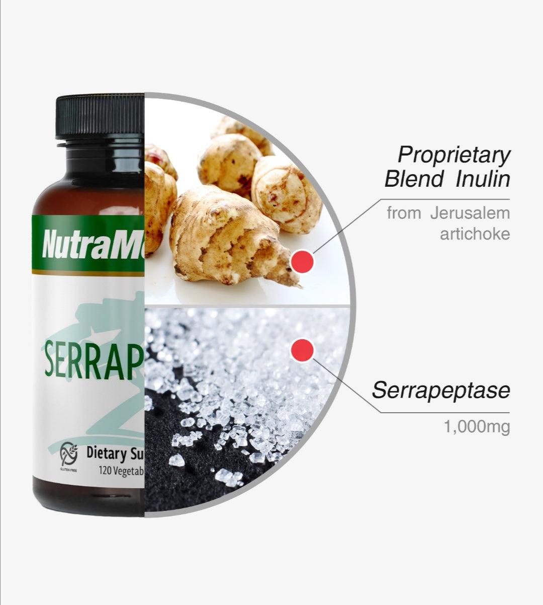 SENTOSA Nutramedix Serrapeptase dietary supplement bottle with label featuring white and blue packaging on a white background