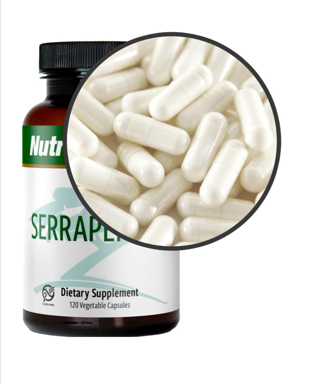 Sentosa Nutramedix Serrapeptase dietary supplement bottle with label, capsules visible, on a clean background.