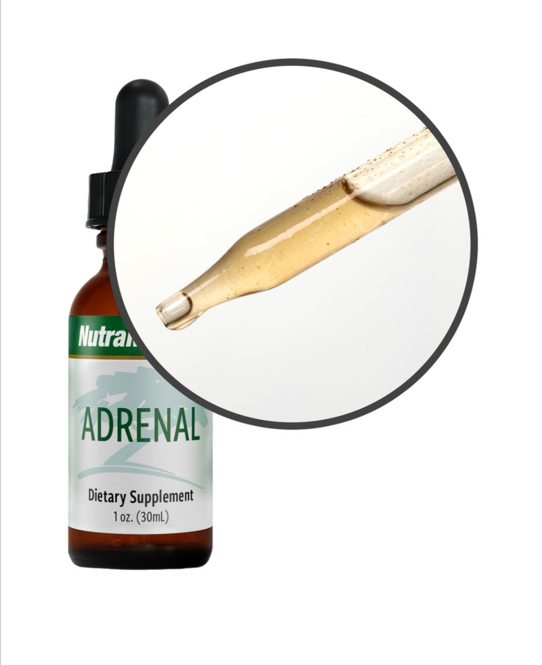 Sentosa Nutramedix Adrenal Support supplement bottle with label, showcasing herbal blend for adrenal health.
