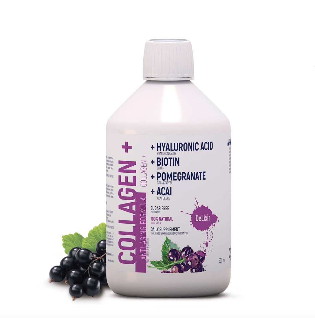 DeLixir Collagen supplement bottle from DETA ELIS showing the product label and packaging on a clean background.
