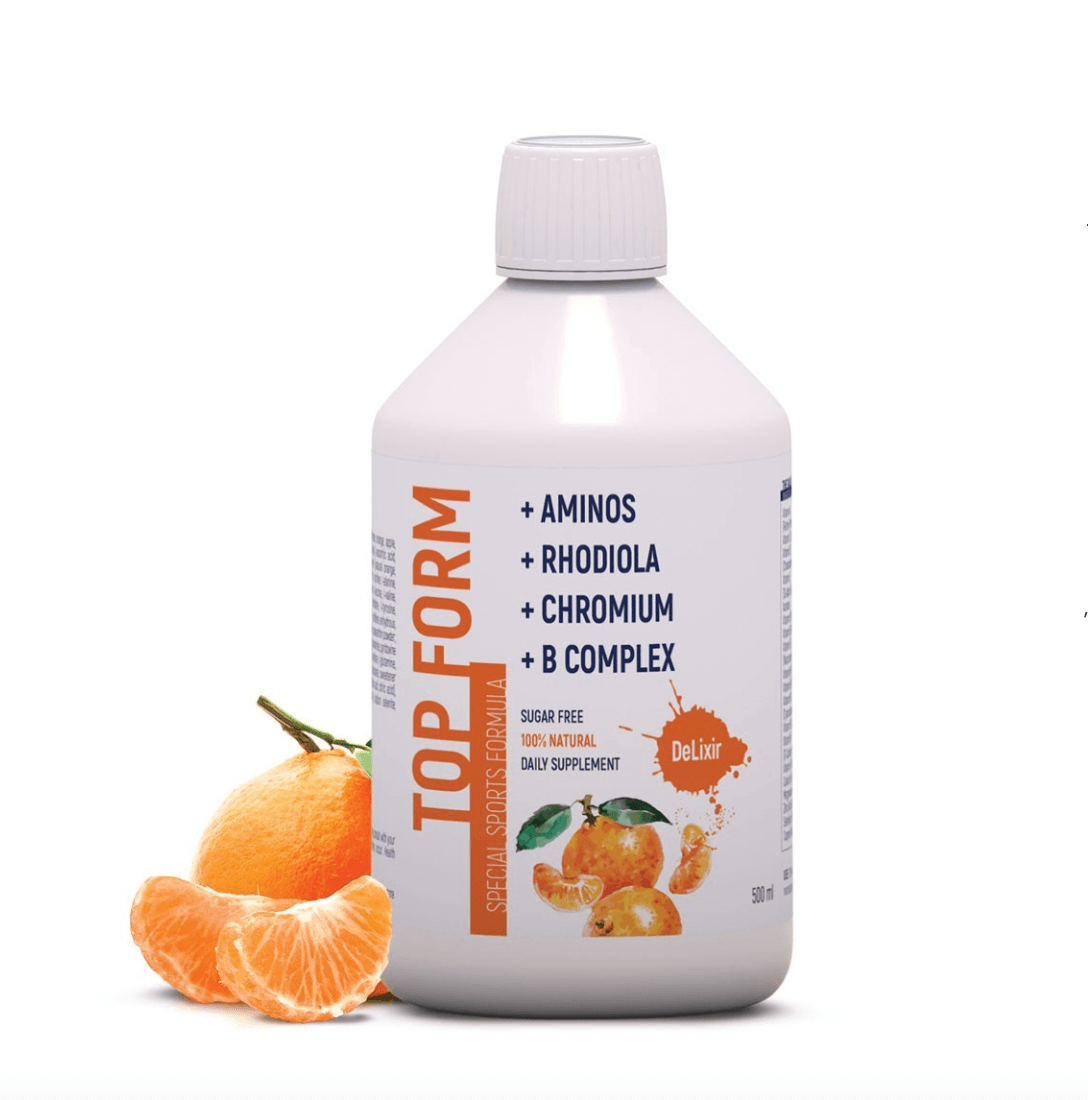 DeLixir Top Form supplement bottle by DETA ELIS, featuring the product label with branding and supplement details.