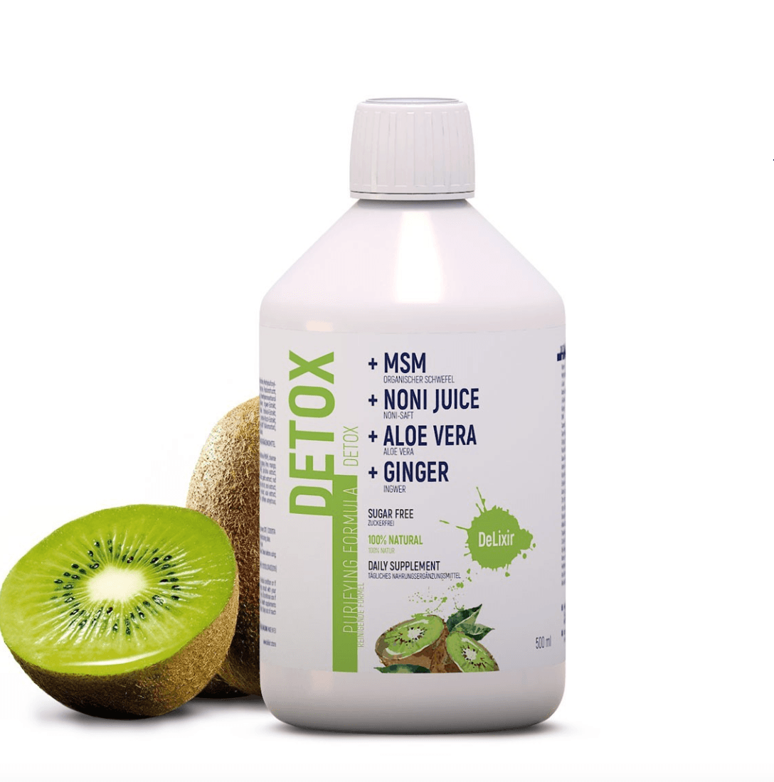 Screenshot of DETA ELIS DeLixir Detox supplement packaging, featuring label with product name and supplement details.
