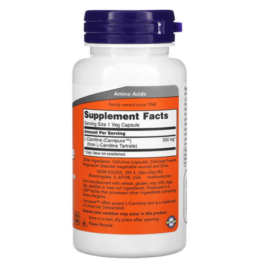 Old Products NOW Foods L-Carnitine supplement bottle with 60 vegetarian capsules, showing the label and capsule details.