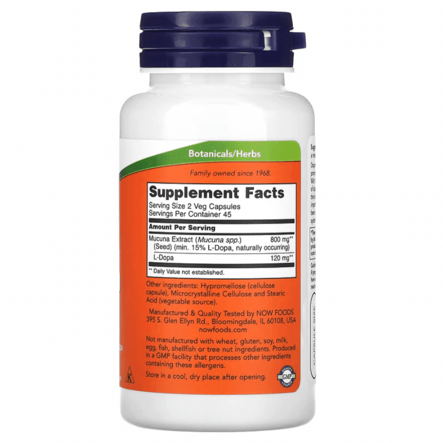Supplements image showing NOW Foods Dopa Mucuna vegetarian capsules in a clear bottle with label details visible.