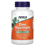 Supplements bottle of NOW Foods Zinc Glycinate 120 softgels, dietary supplement for immune support and mineral health.