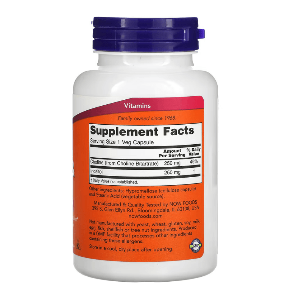 MKSTAVRINOS NOW Foods Choline & Inositol supplement bottle with 100 vegetarian capsules, dietary supplement for brain and nerve health