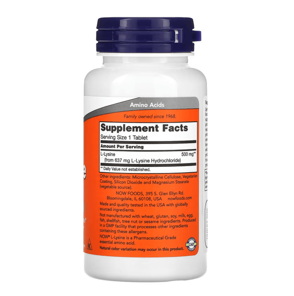 MKSTAVRINOS NOW Foods L-Lysine supplement bottles with 100 tablets, 500 mg each, in clear view.