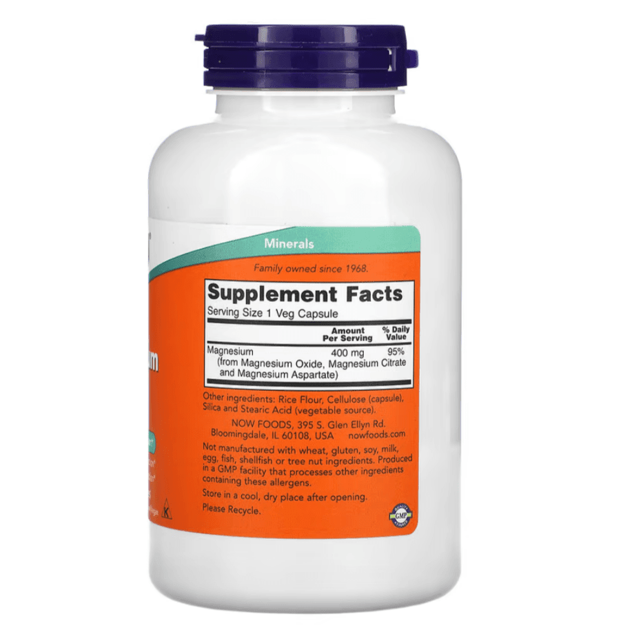 MKSTAVRINOS NOW Foods magnesium supplement capsules, 400 mg, 180 vegetarian capsules for muscle and nerve support.