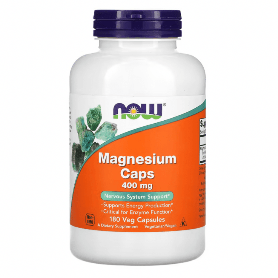 MKSTAVRINOS NOW Foods magnesium capsules, 400 mg, vegan supplement bottle with 180 capsules visible.