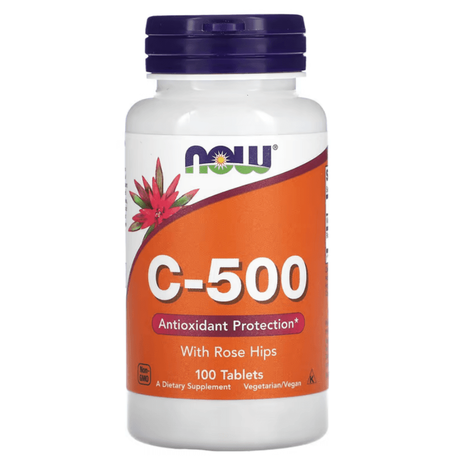 NOW Foods C-500 with Rose Hips supplement, 100 tablets, showing the bottle with orange and white label and tablets inside.